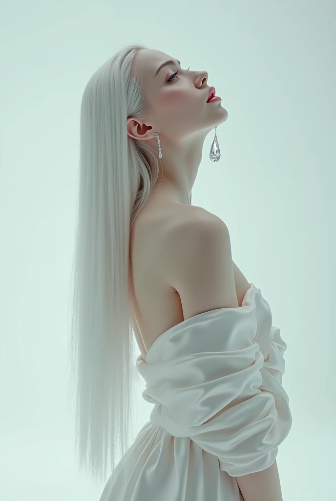 A woman with long straight white hair slicked back,I want her without eyebrows in a very alternative vibe,wearing a white silk dress,she'll do a pose like she's hugging herself,She will look up and a diamond tear will come out of her eyes,I want the pearl white background,I want her to be beautiful and the image to convey an air of melancholy
