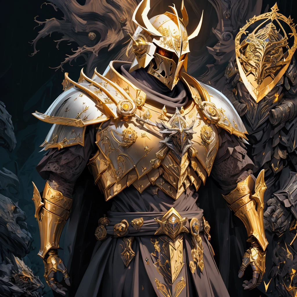(Masterpiece:1.2), envision an intricate, 8k, highres, realistic, cinematic, dynamic, close up portrait of a faceless golden knight man clad in great armor with a grand helmet with bright white eyes with a large body in a dark fantasy style against a dark gray background, (Velstadt The Royal Aegis)