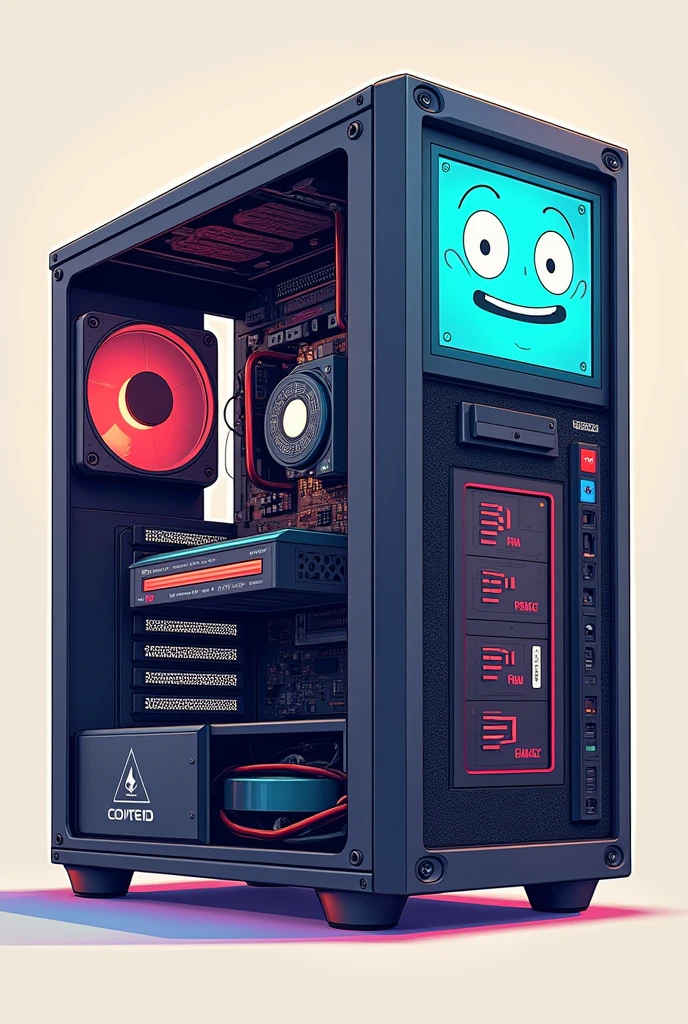 Make a picture of the components of a desktop computer and the screen has a face in the middle