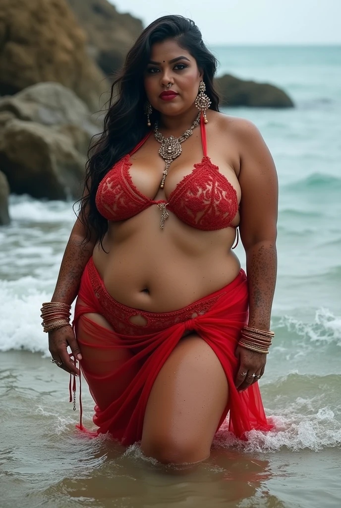 Full body picture, in MEHANDI HENNA TATTOO ON BOTH HANDS, Indian bride underarms,  SHOWING HER ARMPITS,  BBW ,In Veil , Wet curvy, busty Desi Mommy in BIKINI and showing her big showing cleavage inside BIKINI sleeveless blouse and Nose Ring, many bangles in both hands,Earings, Necklace ,Lipstick ,Navel,Indian, Chubby, showing her curves , 