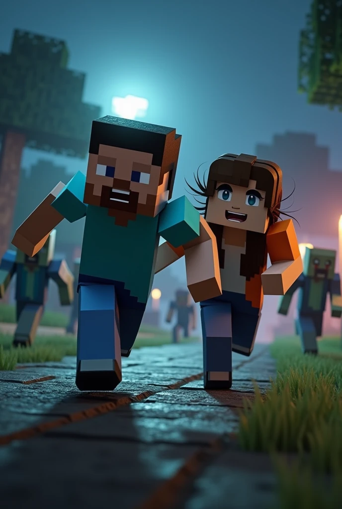 2 character,do Minecraft, smiling running,in the background several, Minecraft monsters chasing them,and the scene is at night,the characters are very personalized.
