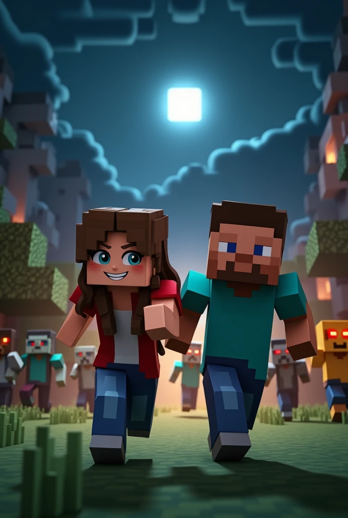 2 character,do Minecraft, smiling running,in the background several, Minecraft monsters chasing them,and the scene is at night,the characters are very personalized.