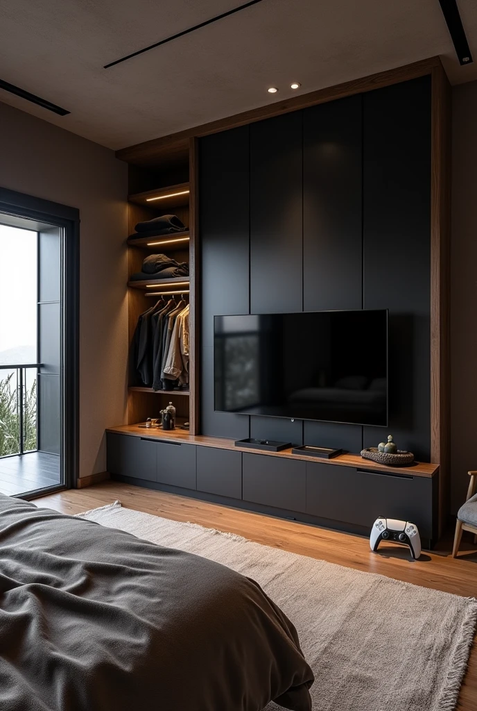 Make an elegant room with black and wood colors, where I have a big closet, In front there is a TV with a PS5 and behind there is a large balcony.