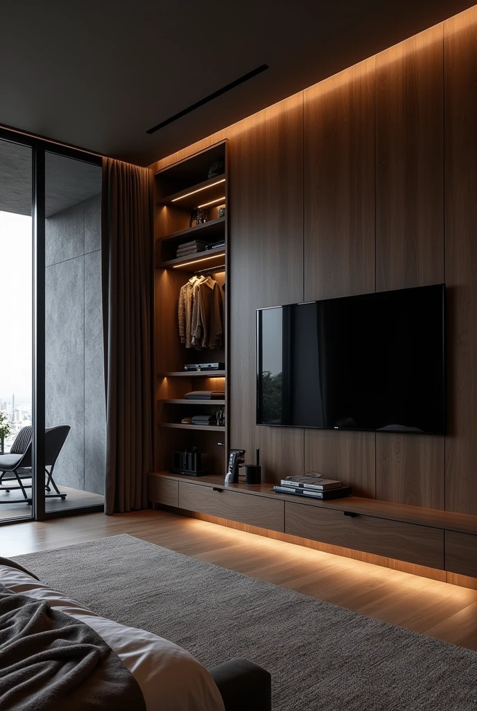 Make an elegant room with black and wood colors, where I have a big closet, In front there is a TV with a PS5 and behind there is a large balcony.