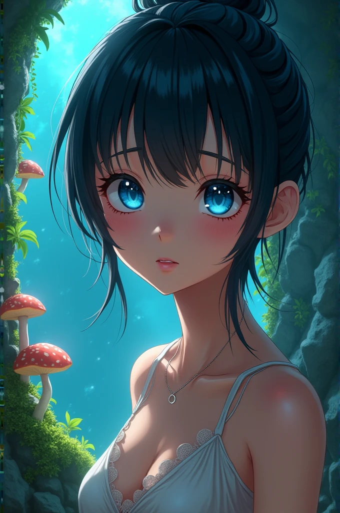rearound face, big forehead, beautiful big eyes, extremely detailed cute anime face, blue eyes, intricate eyes, beautiful detailed eyes, symmetrical eyes, big eyes, lustrous shiny skin, tanned skin, detailed face, beautiful detailed lips, cute, exposed belly chest, necklace, wet rapped of panty, dynamic pose, looking at viewer, embarrassed, in glowing cave with rough wet , bioluminescent mushrooms, green moss and climbing ivy,, highres, ultra detailed, extremely detailed, photorealistic artwork, extremely detailed CG unity 8k wallpaper, vibrant colors, vibrant theme, intricate, masterpiece, best quality, artistic photography, intricate background, perfect rendered face, photo realistic, analog style, intricate detail, realism.listic young girl, ,