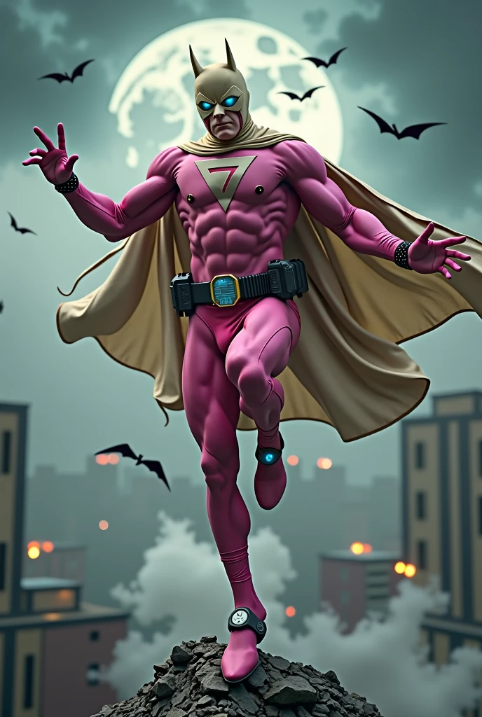 Malaysia man in high-tech suit, vivid effects, malaysian superhero (KELUANG MAN) in a striking pink and beige costume cyberpunk design, mask small mini bat ear beige, daredevil beige mask, jumpsuit dark pink stands confidently in a dramatic.jumping from high place.hero costume.one hand rise up. Big triangle logo on the chest.high detail Punisher logo on the chest. Fighting pose , stormy landscape. ((Head covered node guard like batman. Running pose , athletic body type, small mini ear bat mask))The character wears domino mask a helmet with pointed mini torn ears and a flowing cape biege, open nose and mouth. Equipped with visible futuristic weapons on a belt,bullet proof jacket pink dark day.show fingers pose, dark night, big supermoon effect . Small logo on chest triangle shape small punisher logo center(( skull triangle Casey Jones mask shape logo)) center on chest pink logo mini logo . rocky. Building top.smoke ground , bomb effect background, losse pants, losses costume.adding to --ar 3:4 --style raw --stylize 500 --v 6.1. chaos. Lot of small flying bat. One leg on the high stone. Man. Wear hologram watch.. Real man age 40 year old. One hand holding belt.one hand holding black rope hanging on building. Big pant pink. Beige cape joodie.(( Loose pant)) , jump on high building)marvel , X-Men. Robert Pattinson