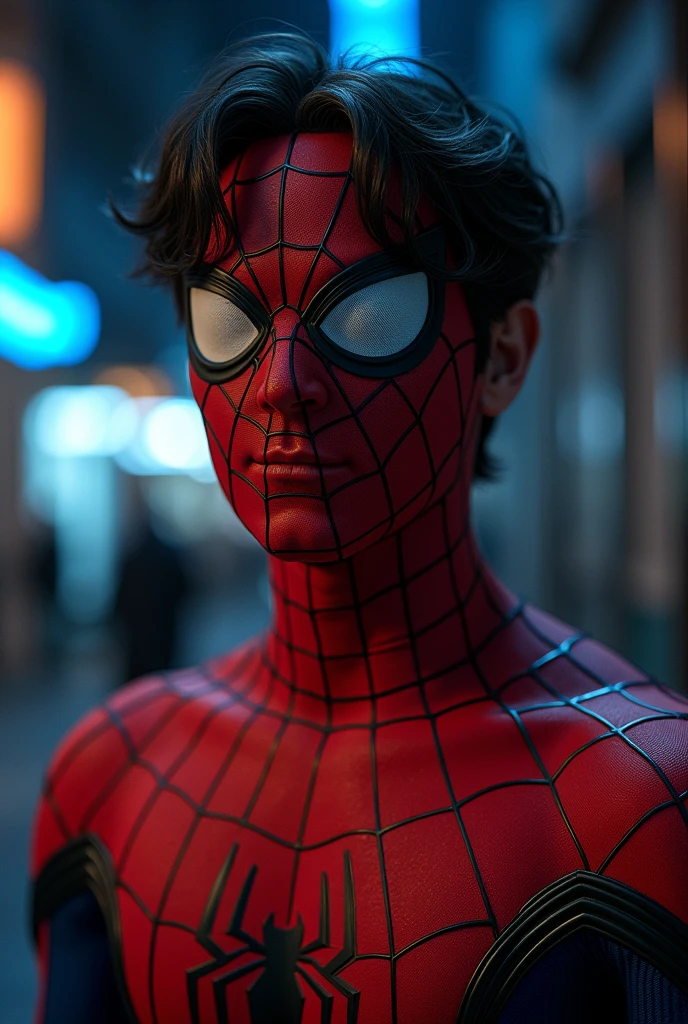 make an image where a korean guy wears a spiderman suit, half body, at night, just with the middle of the mask