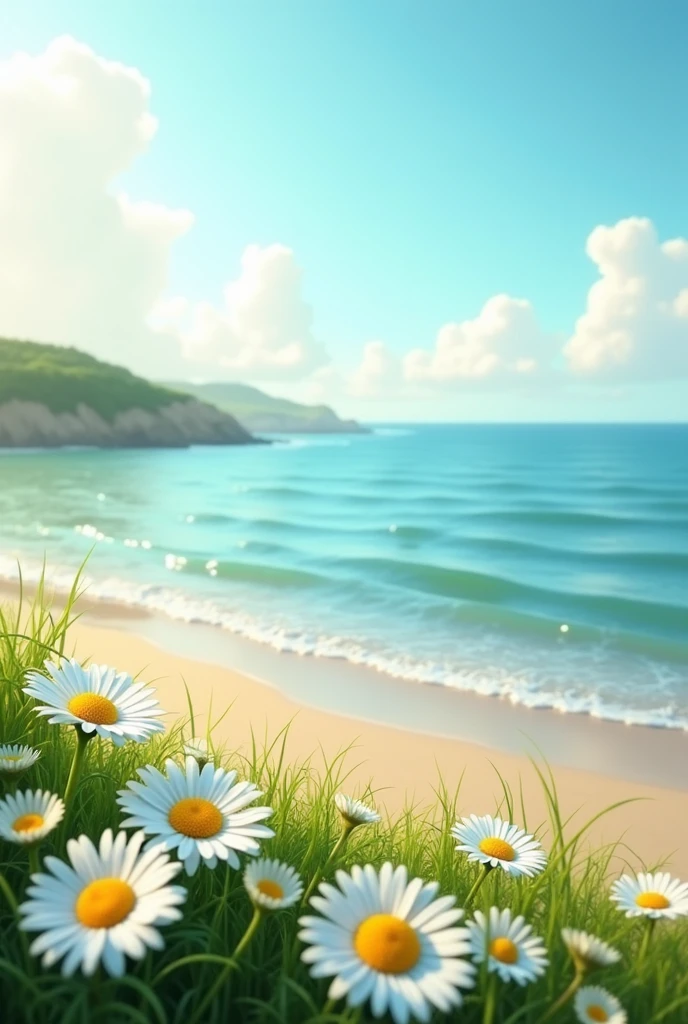 make a landscape with sea and daisy flowers 