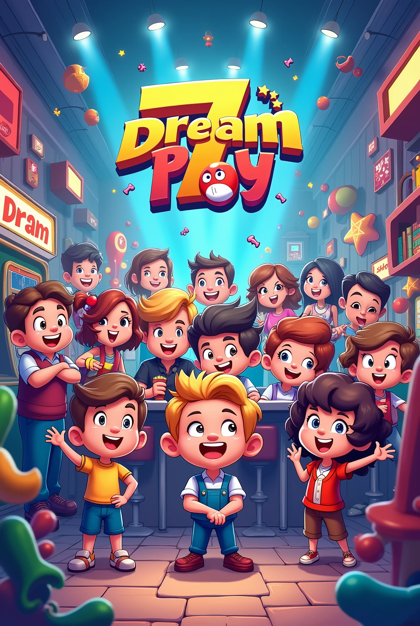  a fun art for the 7th anniversary banner of Dream Play, a game room company
