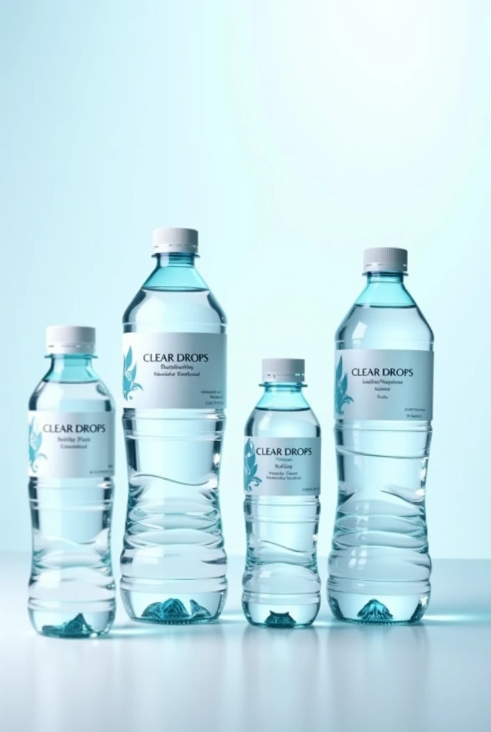 Generate multiple commercial plastic water bottles of different litres of company named clear drops 