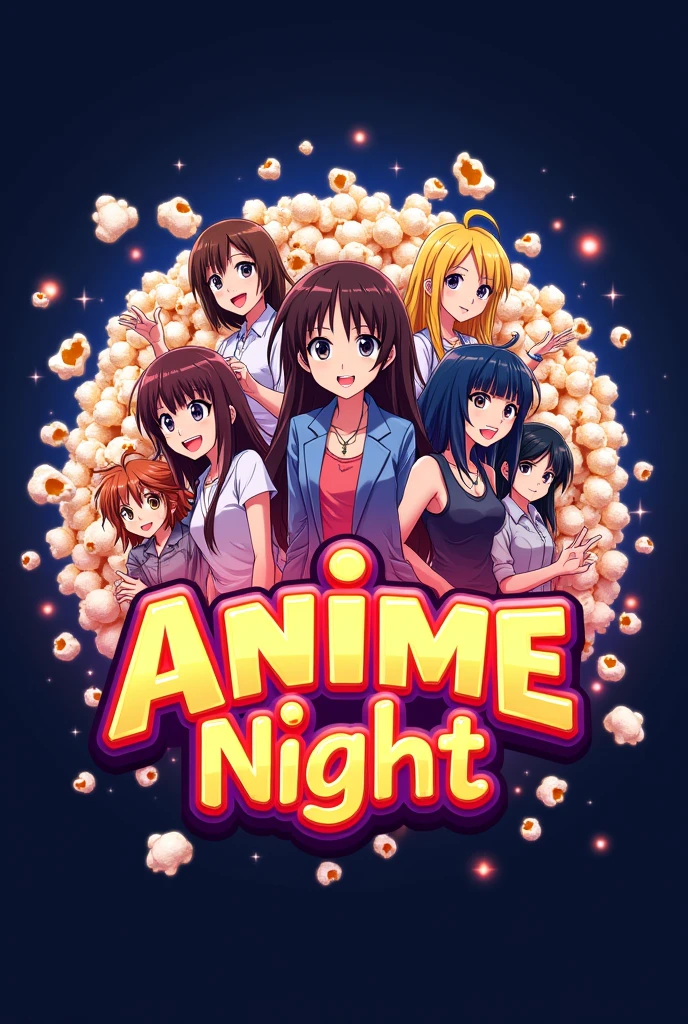 Make a logo for anime night with anime characters at background and pop corn