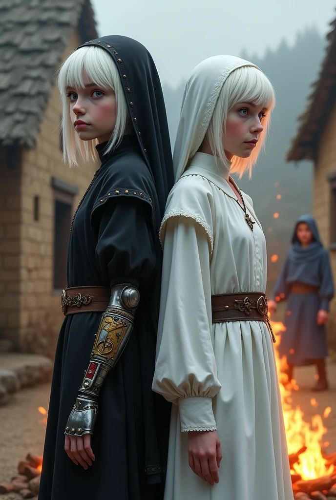 Two albino -teens from the Middle Ages with white hair and violet eyes, back to back, the one on the left wearing black alchemist clothes and her left arm wearing a steampunk prosthesis with a pentagram, and the sister on the right wearing white nun clothes and a cross necklace., facing a bonfire in a village.