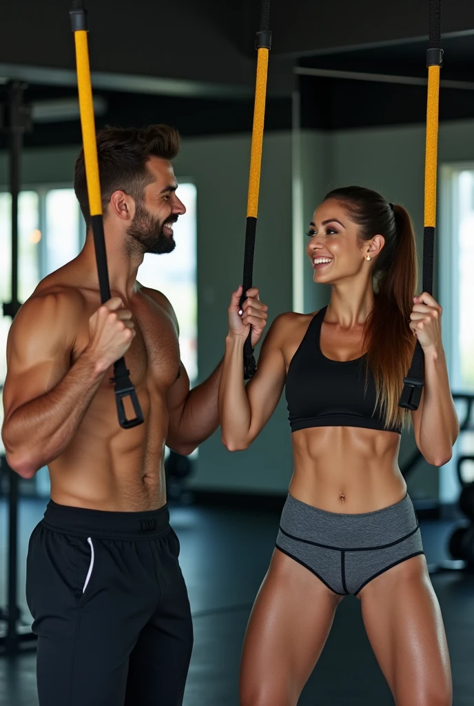 An attractive man and an attractive woman in a gym training with a TRX to get in shape, They have strong bodies and wear sportswear. The woman smiles as she takes a break, The man is doing push-ups with the TRX.