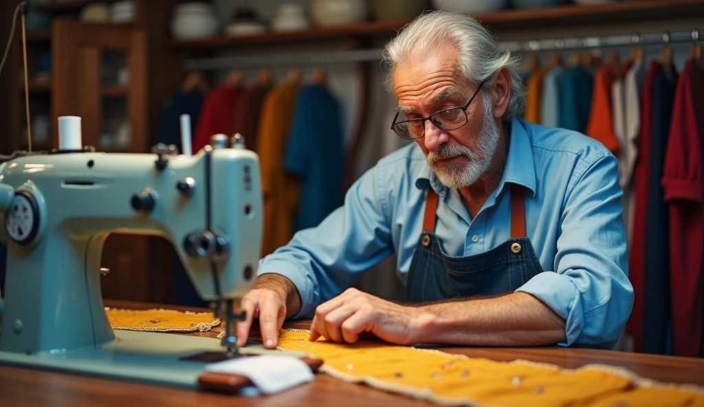 A poster depicting a Taylor man stitching clothes using machines 