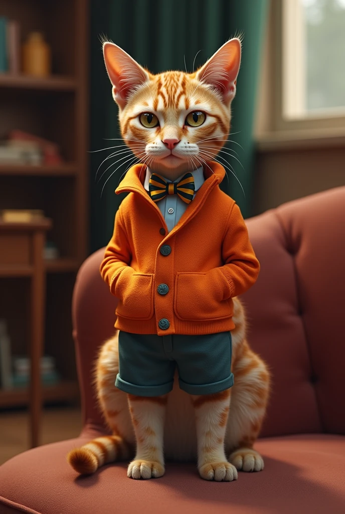 A cat wearing super preppy, bright clothes