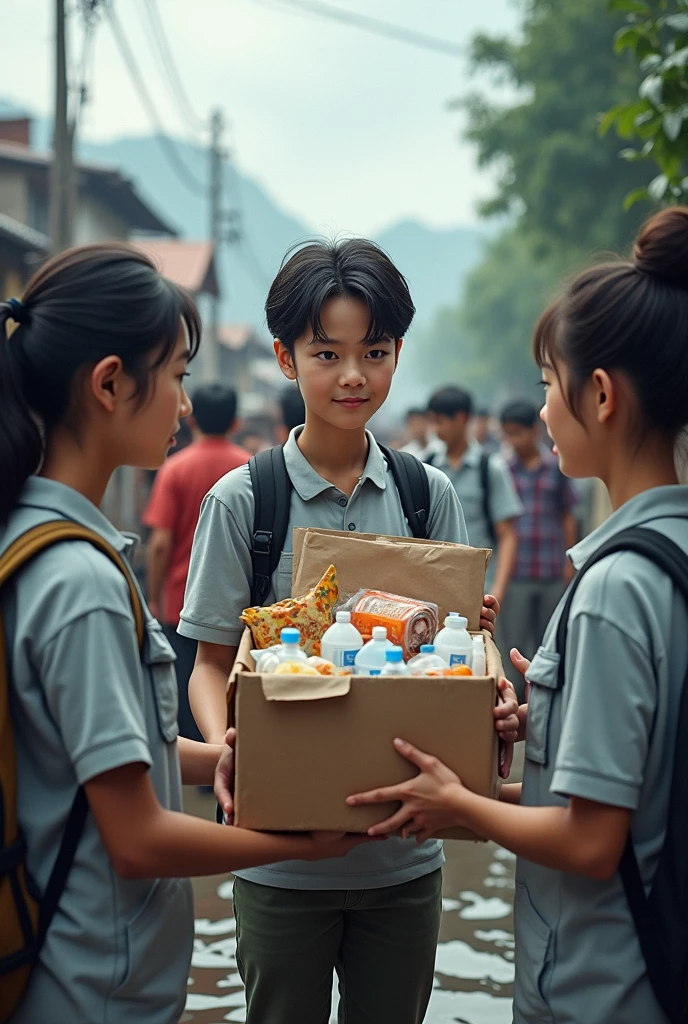 Students distribute medicines, food items and clean water among the people trapped in the flood