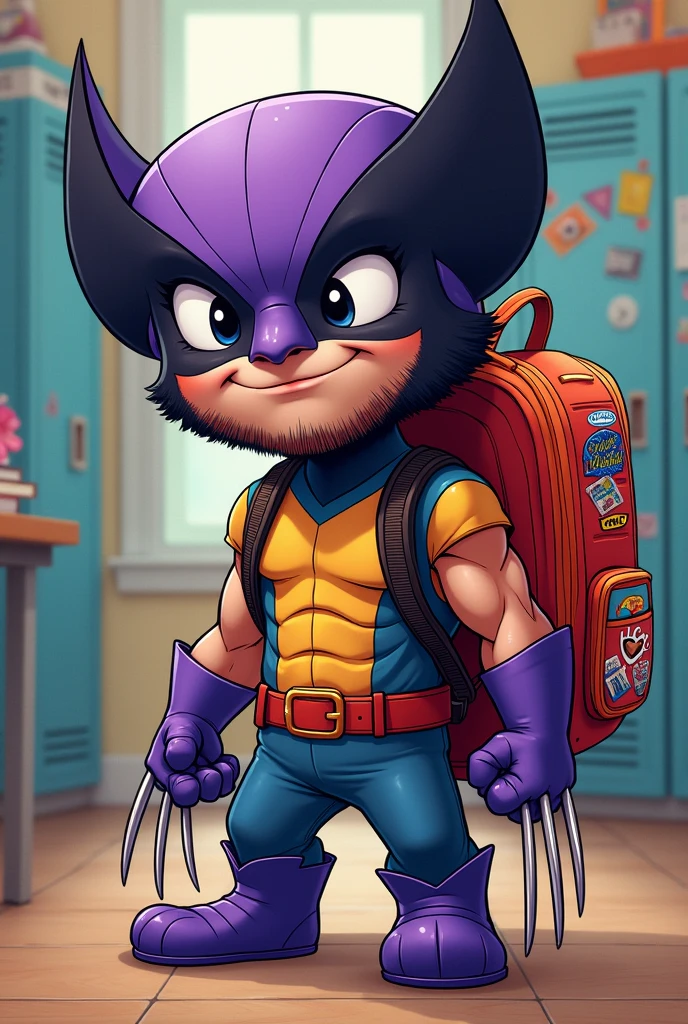 purple wolverine comic with school backpack, smiling
