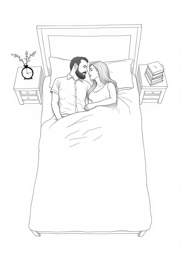 Create an easy drawing to draw, of a man and a woman lying in a bed , that the drawing be in black and white