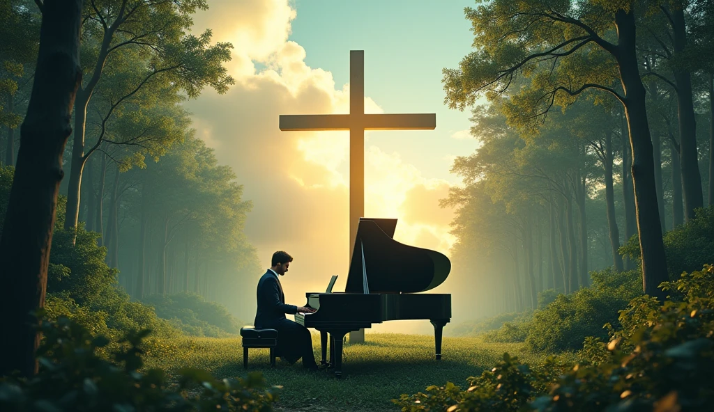 A serene scene of a male pianist playing a grand piano in the middle of a tranquil forest, soft sunlight filtering through the trees, cross in the center illuminated by a gentle glow, peaceful atmosphere, hyperrealistic, detailed textures, cinematic lighting, masterpiece digital art, by Greg Rutkowski and Artgerm, 4k resolution, with huge cloud