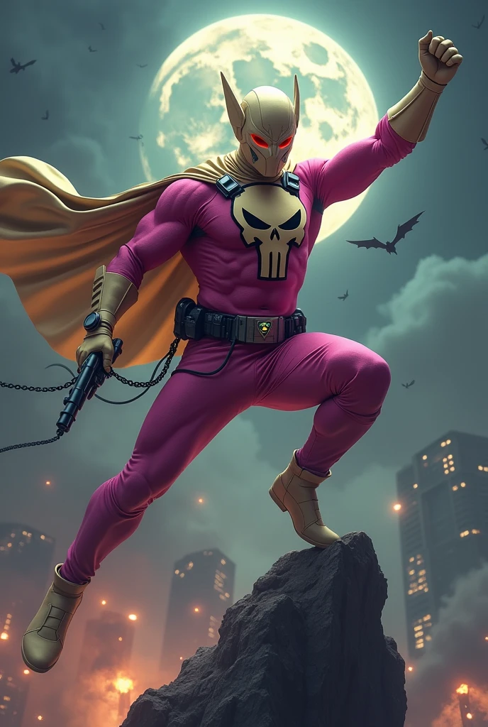 Malaysia man in high-tech suit, vivid effects, malaysian superhero (KELUANG MAN)(( in a striking pink and beige costume cyberpunk design, mask small mini bat ear beige, daredevil beige mask, ))jumpsuit dark pink stands confidently in a dramatic.jumping from high place.hero costume.one hand rise up. Big triangle logo on the chest.high detail Punisher logo on the chest. Fighting pose , stormy landscape. ((Head covered node guard like batman. Running pose , athletic body type, small mini ear bat mask))The character wears domino mask a helmet with pointed mini torn ears and a flowing cape biege, open nose and mouth. Equipped with visible futuristic weapons on a belt,bullet proof jacket pink dark day.show fingers pose, dark night, big supermoon effect . Small logo on chest triangle shape small punisher logo center(( skull triangle Casey Jones mask shape logo)) center on chest pink logo mini logo . rocky. Building top.smoke ground.((jumping from the building Man hangging on the black rope)) , bomb effect background, losse pants, losses costume.adding to --ar 3:4 --style raw --stylize 500 --v 6.1. chaos. Lot of small flying bat. One leg on the high stone. Man. Wear hologram watch.. Real man age 40 year old. One hand holding belt.one hand holding black rope hanging on building. Big pant pink. Beige cape joodie.(( Loose pant)) , jump on high building)marvel , X-Men.