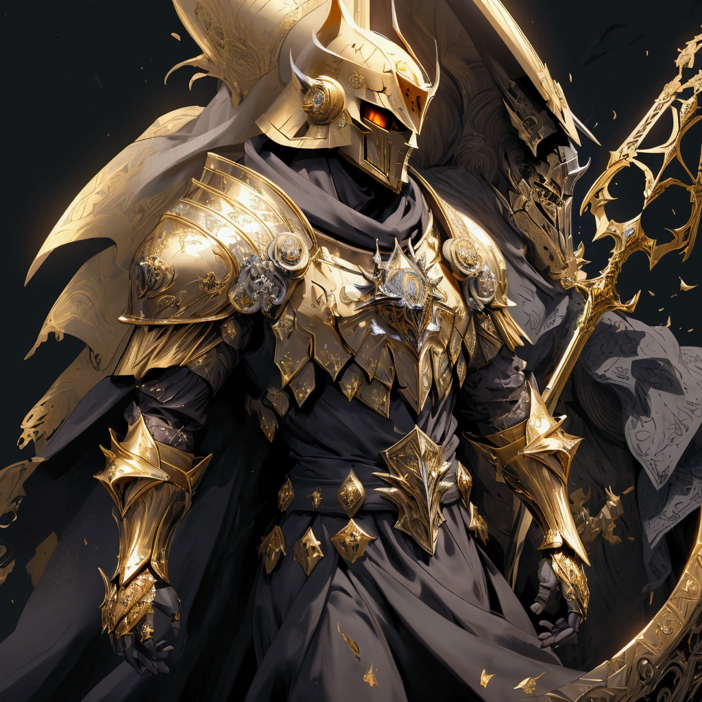 (Masterpiece:1.2), envision an intricate, 8k, highres, realistic, cinematic, dynamic, close up portrait of a faceless golden knight man clad in great armor with a grand helmet with bright white eyes with a large body in a dark fantasy style against a dark gray background, (Velstadt The Royal Aegis)