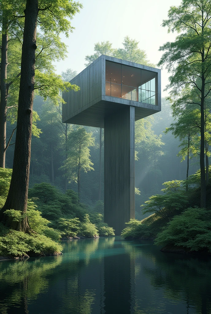 High Pavilion, lost among the trees, built in steel, in front of a lake