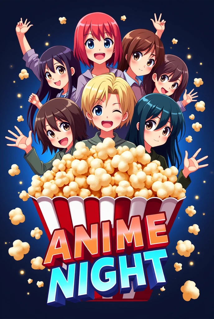 Make a logo for anime night with anime characters at background and pop corn
