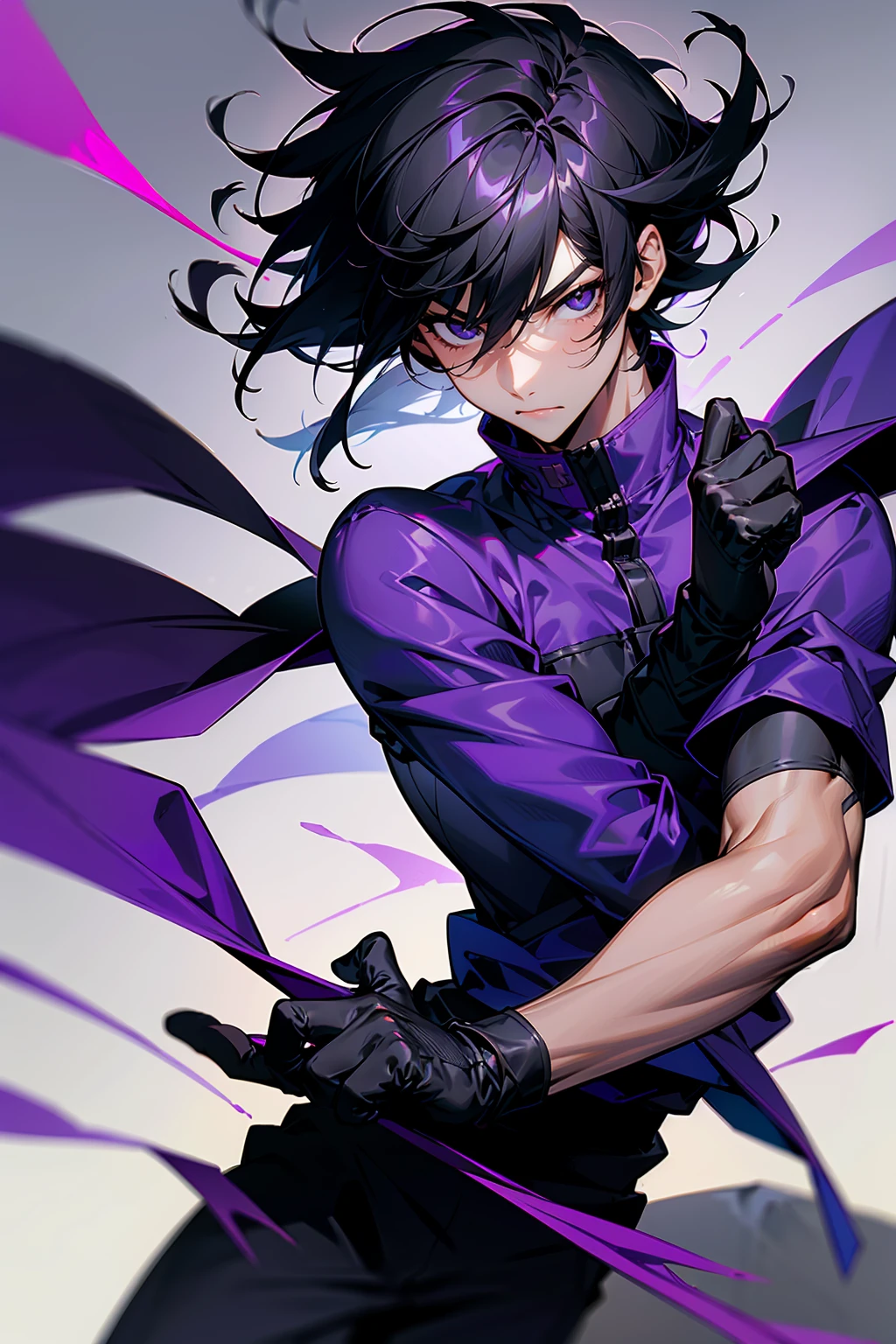 high quality, 1male, adult male, black eyes, black hair, medium length hair, darkskin, black bandages on arms, purple gloves, black and purple yukata, grey sweatshirt, serious