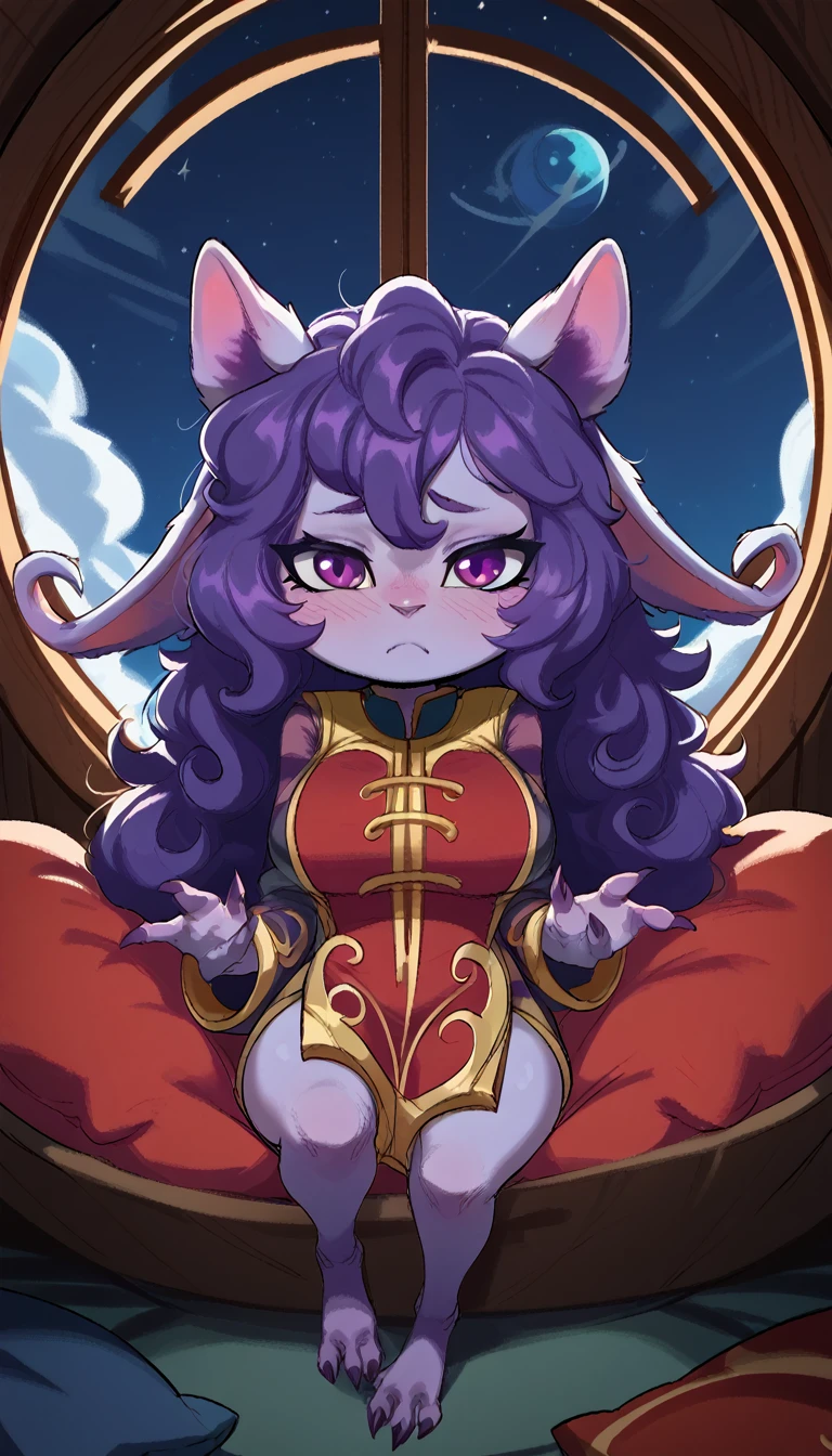 score_9, score_8_up, score_7_up, best quality, masterpiece, Lulu, (absurdly high resolution:1.4), (short, diminutive, smol), yordle, (humanoid, light purple skin, purple eyes, (long ears, horizontal ears), long horizontal yordle ears, claws, feminine), black space suit, barefoot, cute, adorable, slim, thin, (hair, fluffy hair,), large breasts, sleepy expression, blush lines, submissive), solo, space station bedroom, pillows, window, night sky, Expressive, young, expressive shortstack, outer space,