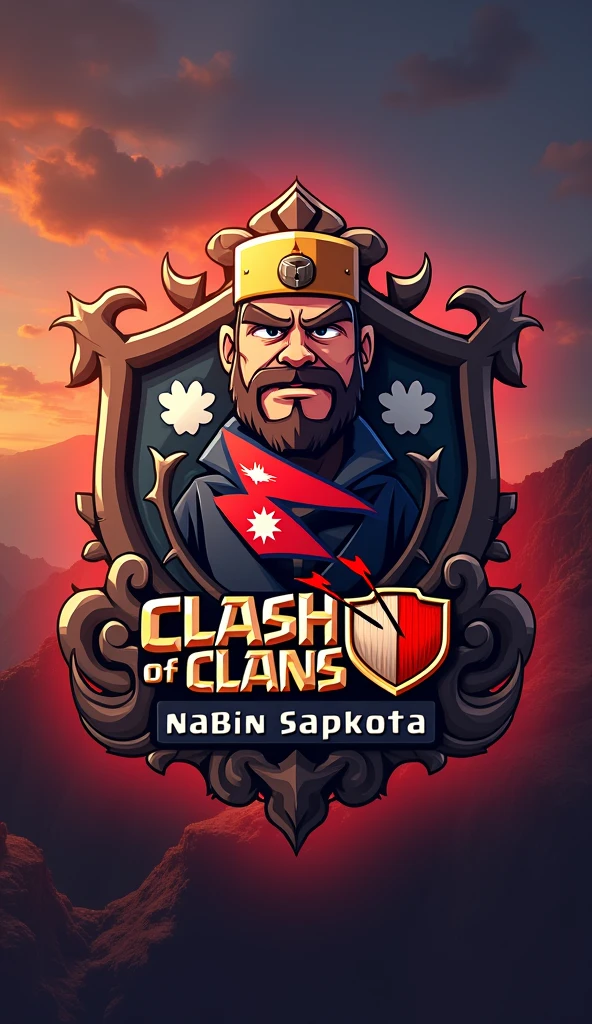 logo for the Clash of Clans game with the name (Nabin Sapkota)The logo should include the Nepalese flag logo make with nepali background