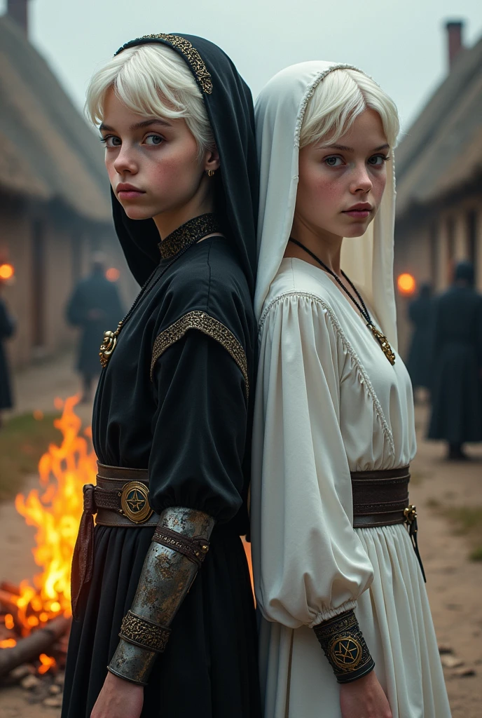 Two albino pre-teens from the Middle Ages with white hair and violet eyes, back to back, the one on the left wearing black alchemist clothes and her left arm wearing a steampunk prosthesis with a pentagram, and the sister on the right wearing white nun clothes and a cross necklace., facing a bonfire in a village.