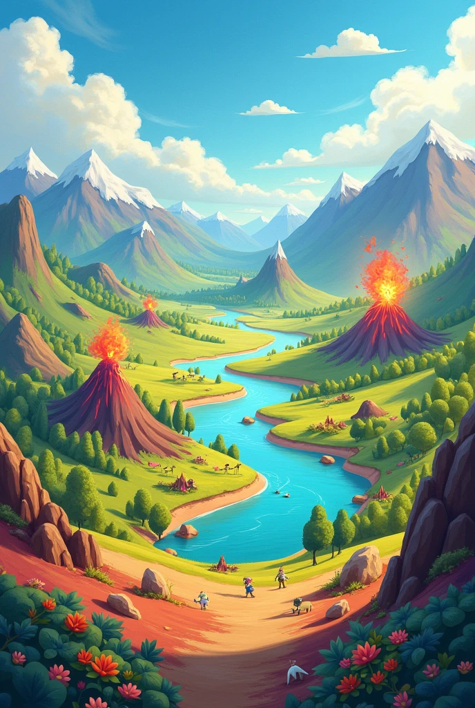 Create a landscape for elementary school children that contains volcanoes, plains, Plateaus, hills, mountain ranges, mountains and locate each one