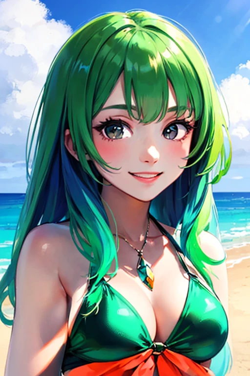 ((masterpiece)), (((best quality))), chromatic lighting,
colorized, green + white limited color palette, 
detailed concept drawing, bikini, on the beach,
portrait, 20yo 1girl, blue sky, medium soft breasts, slender, green, long green hair, black eyes, smiling