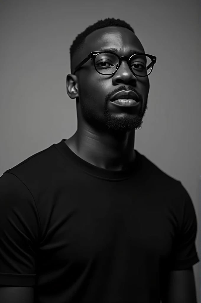 a Black man, stark, with a goatee, with round glasses and black t-shirt