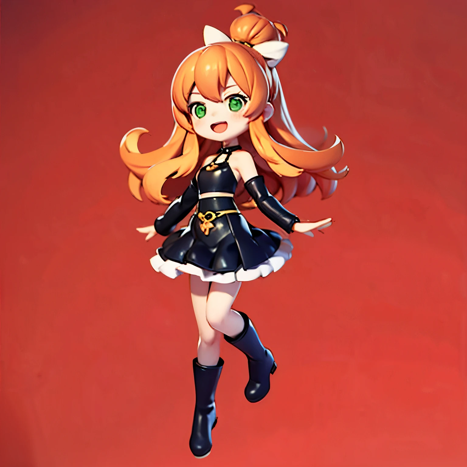 Full body. 1 Adult woman with orange hair and green eyes. Black dress and boots. without background. Jumping. Happy.