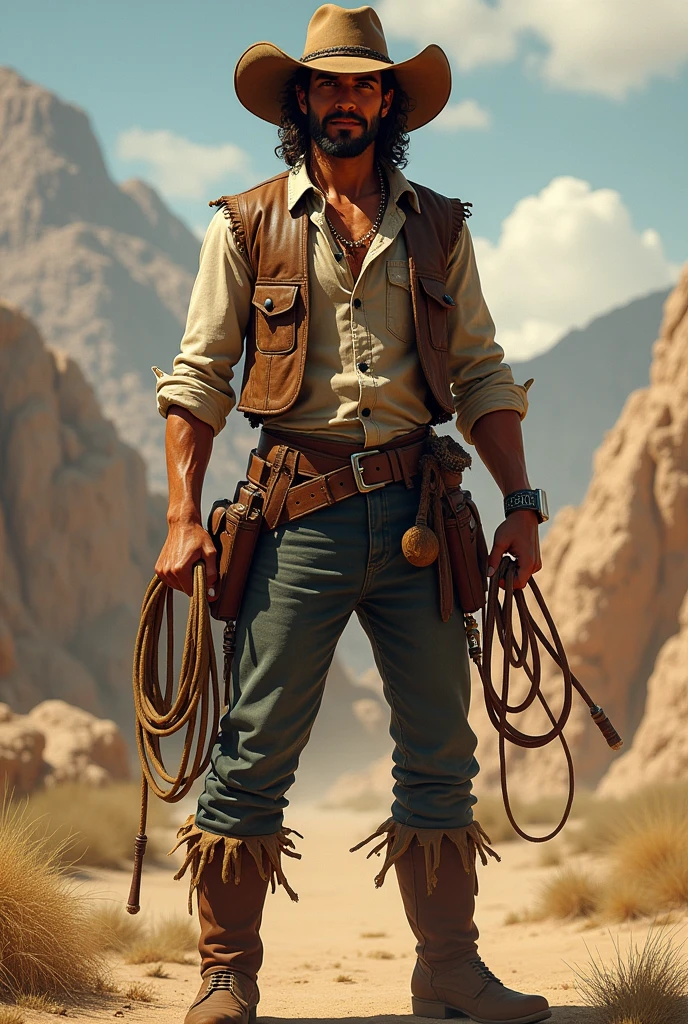 Appearance: Zé Vaqueiro is often described as a man with a firm bearing, wearing typical cowboy clothes, like leather hat, gibbon, leggings and boots. He can also carry a lasso, whip or a cattleman&#39;s leash. Personalidade: It&#39;s a strong spirit, Coraggioso, hardworking and fearless. Its energy is associated with resistance, to the struggle and overcoming of the difficulties of the backlands. He is respected for his wisdom and ability to deal with life&#39;s challenges.. Spiritual Attributions: Zé Vaqueiro is known for being the protector of rural workers, especially cowboys and farmers. He is also invoked to help cure illnesses., in protection against witchcraft, and to bring strength in times of difficulty. a young man with a brown leather vest and a leather whip in his hand, a Black man