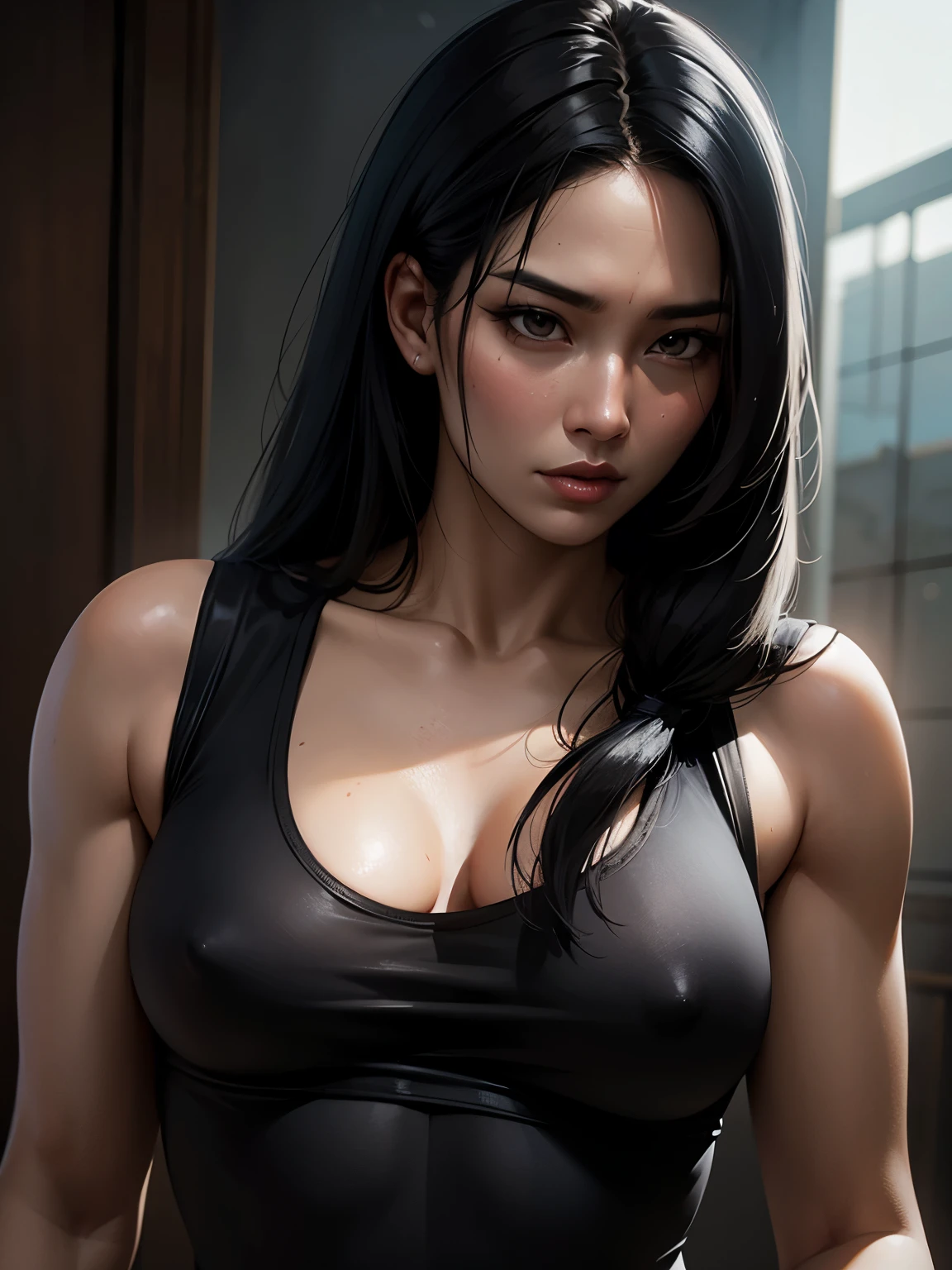 A Korean woman, black eyes, long straight black hair, adventurer, perfect face, drama, Lara Croft appearance, masterpiece, ((best quality))