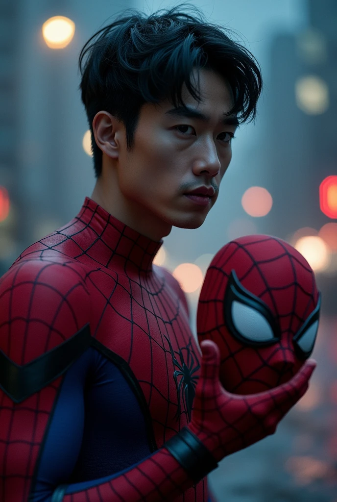 make an image where a korean guy wears a spiderman suit, half body, at night, with the mask on his hand

