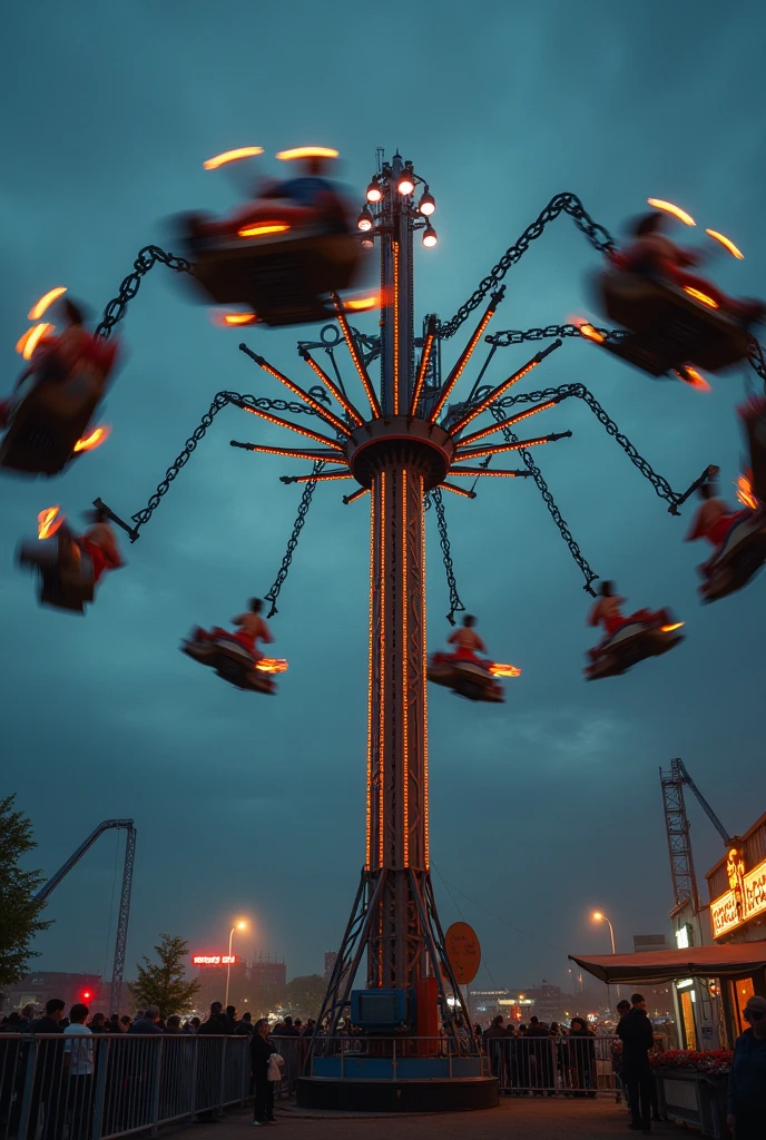 Amusement park ride with chairs tied to chains with people sitting on them spinning high and fast on a gloomy night