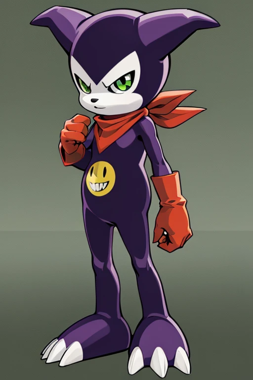  fountain_cheered up, Impmon, 1 chico, Alone, digimon (creature), nonhuman, Full view, green eyes, cola, gloves, claws, red gloves, purpura, scarf, standing, looking at the viewer