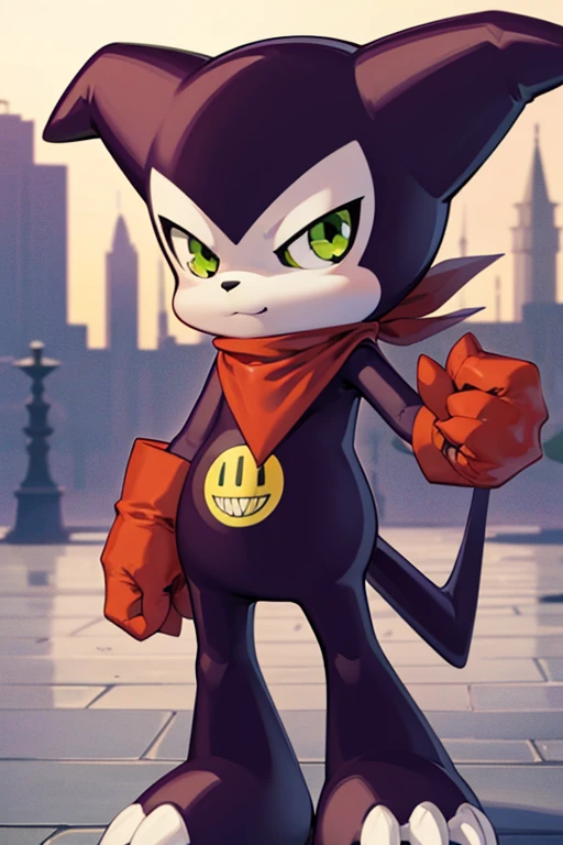  fountain_cheered up, Impmon, 1 chico, Alone, digimon (creature), nonhuman, Full view, green eyes, cola, gloves, claws, red gloves, purpura, scarf, standing, looking at the viewer