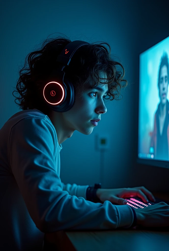 Character 1 male long curly hair 3c,with gamer headphones on his back playing a horror game