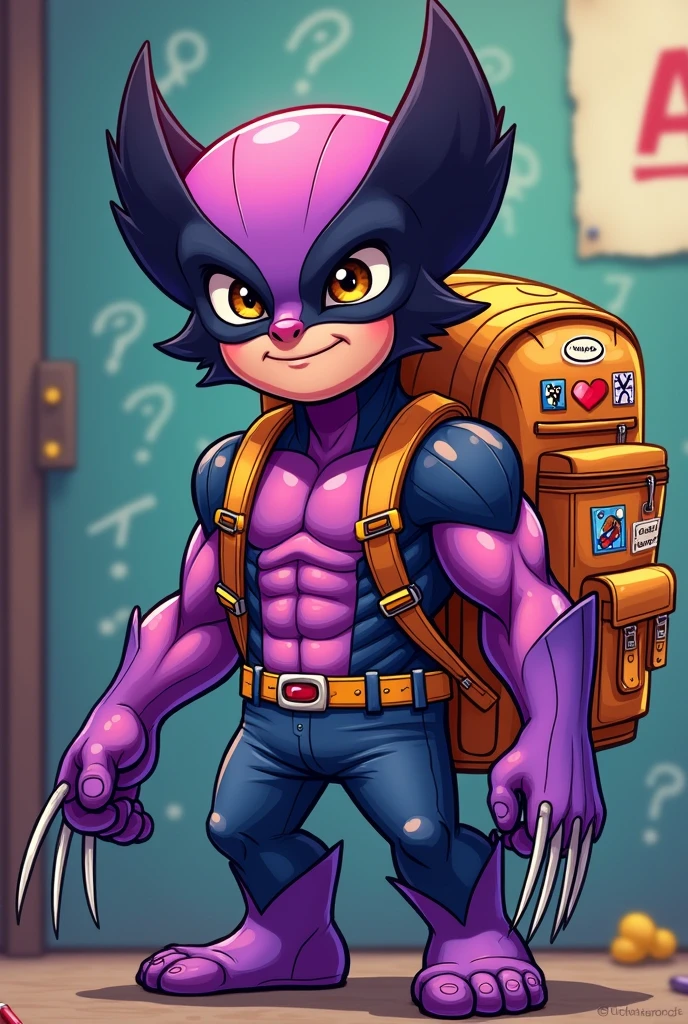 purple wolverine comic with school backpack, smiling