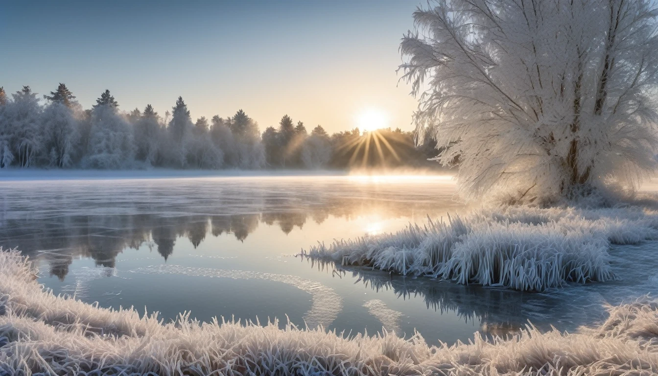 Frozen lake, morning dawn, severe frost, frost, snowing, 4k, high resolution, high detail, random angle, hyperrealism, 300mm, f/10.0, 1/1600ms, HDR