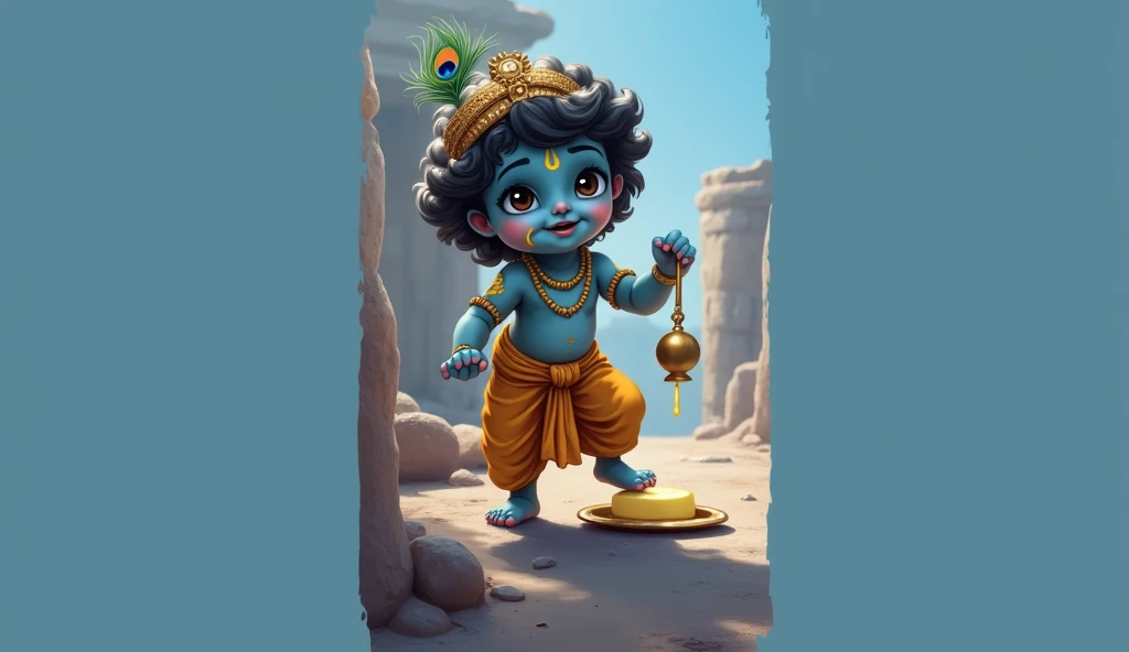 Cute little krishna eating butter from the matka which is hanging in a old house. The butter is spread over his mouth and cheeks. He is wearing a golden colour dhoti and a mukut in his head with peacock feather