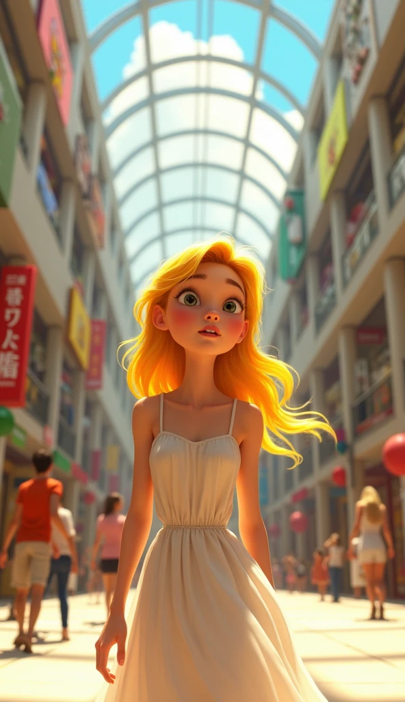 a surprised young woman with yellow hair and white sleeveless dress, at a shopping mall, pixar style, cinematic, masterpiece, high-aesthetic, realistic