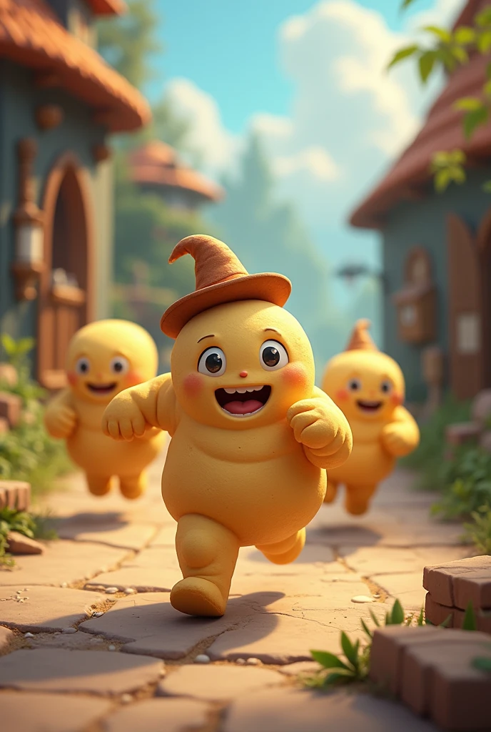 MUSCULAR BREAD DOUGH WITH A HAT BUT THEY STEAL A POTION NOT FAT AND THEY CHASE HIM BUT VERY CUTE