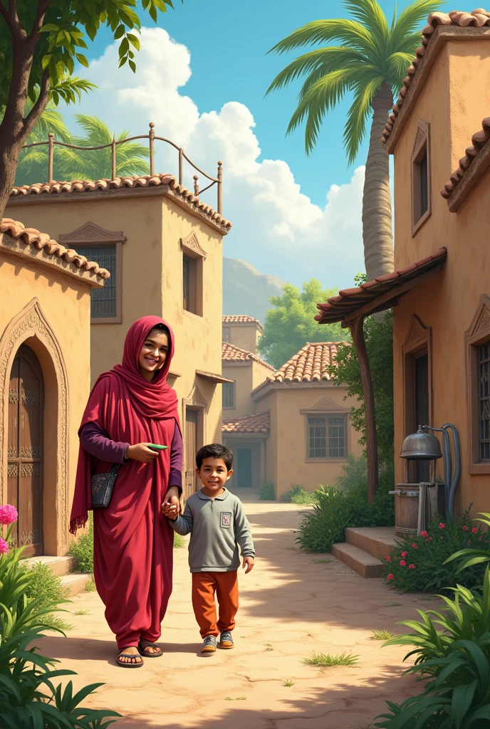 A beautiful, wonderful Pakistani village. There is a mother in the picture in front of the houses, a young male child