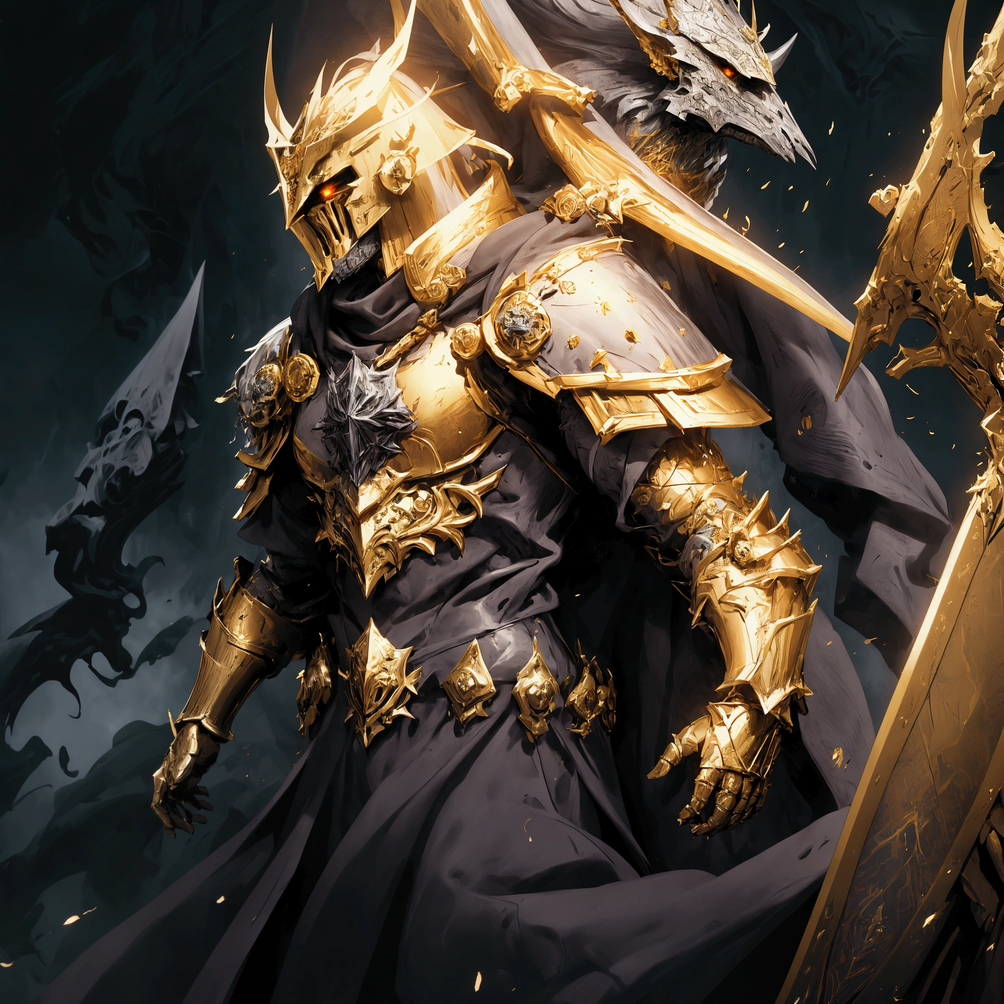 (Masterpiece:1.2), envision an intricate, 8k, highres, realistic, cinematic, dynamic, close up portrait of a faceless golden knight man clad in great armor with a grand helmet with bright white eyes with a large body in a dark fantasy style against a dark gray background, (Velstadt The Royal Aegis)