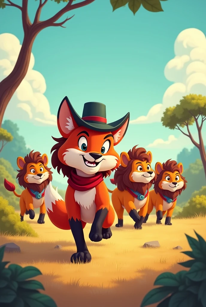 A fox leading a pack of lions cartoon image